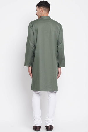 Buy Men's Linen Solid Sherwani Kurta in Olive Green - Zoom in