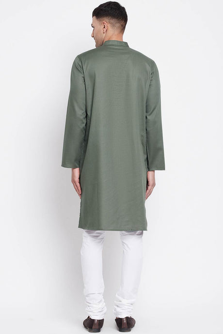 Buy Men's Linen Solid Sherwani Kurta in Olive Green - Zoom in