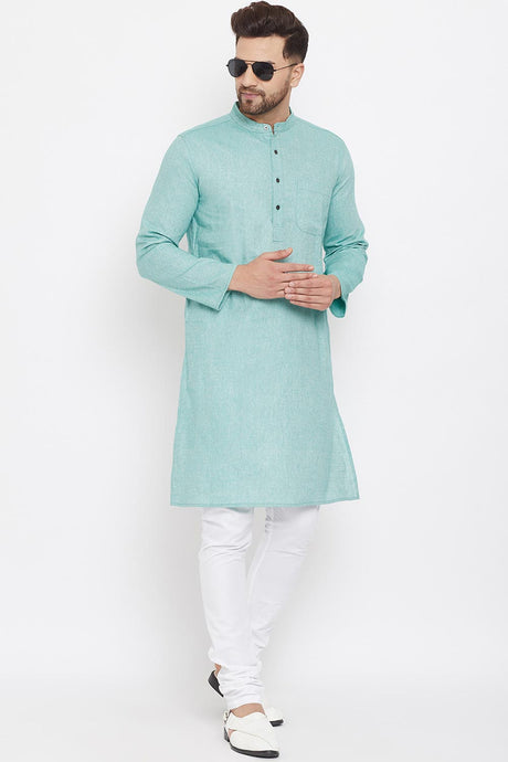 Buy Men's Blended Cotton Solid Kurta in Green - Back