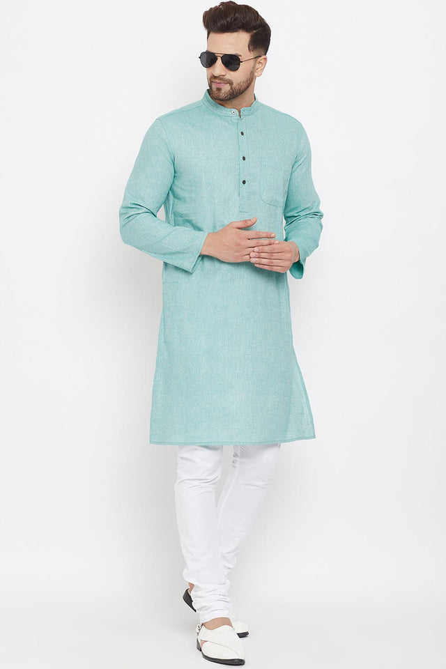 Buy Men's Blended Cotton Solid Kurta in Green - Back