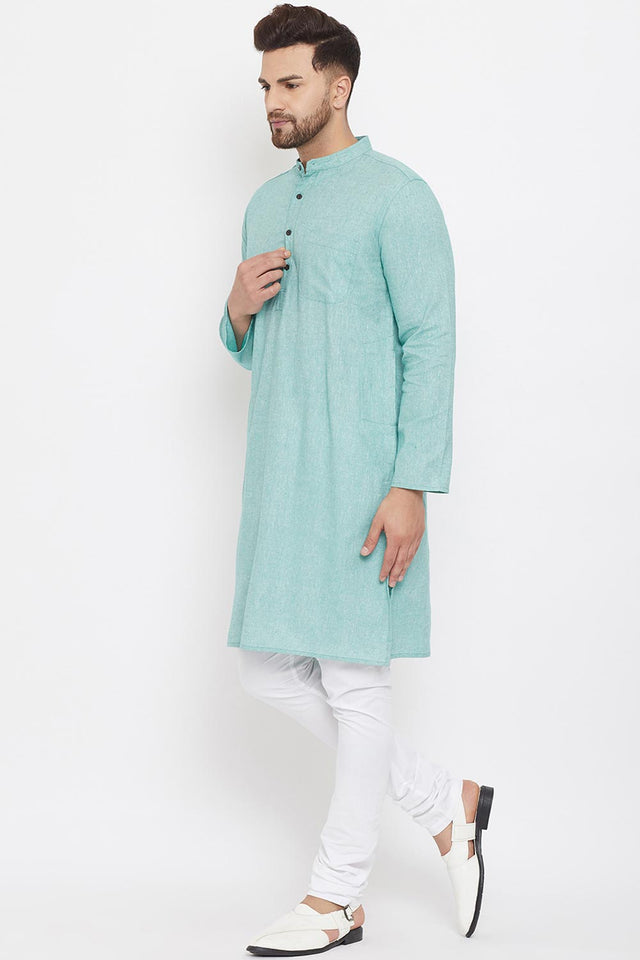 Buy Men's Blended Cotton Solid Kurta in Green - Front