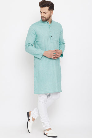 Buy Men's Blended Cotton Solid Kurta in Green - Side