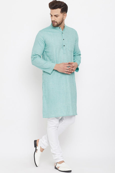 Buy Men's Blended Cotton Solid Kurta in Green - Side