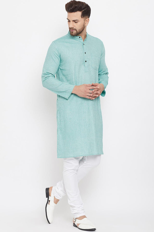 Buy Men's Blended Cotton Solid Kurta in Green - Side