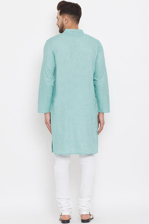 Buy Men's Blended Cotton Solid Kurta in Green - Zoom In