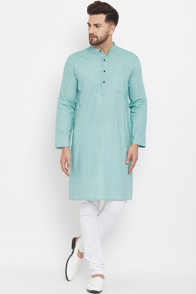 Buy Men's Blended Cotton Solid Kurta in Green Online
