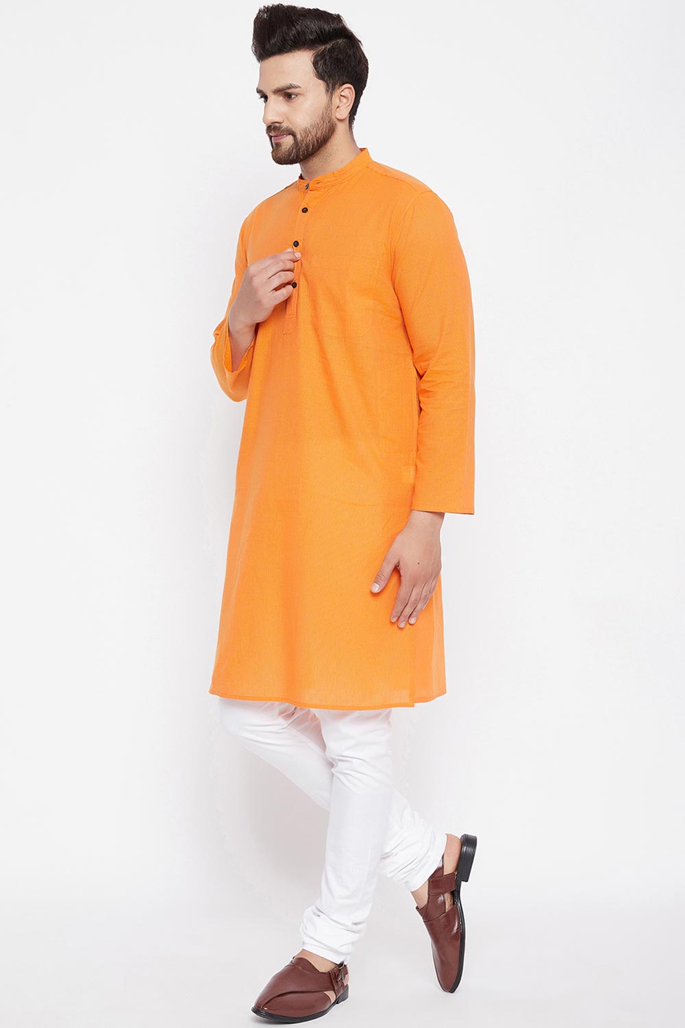 Buy Men's Stripes Kurta in Orange