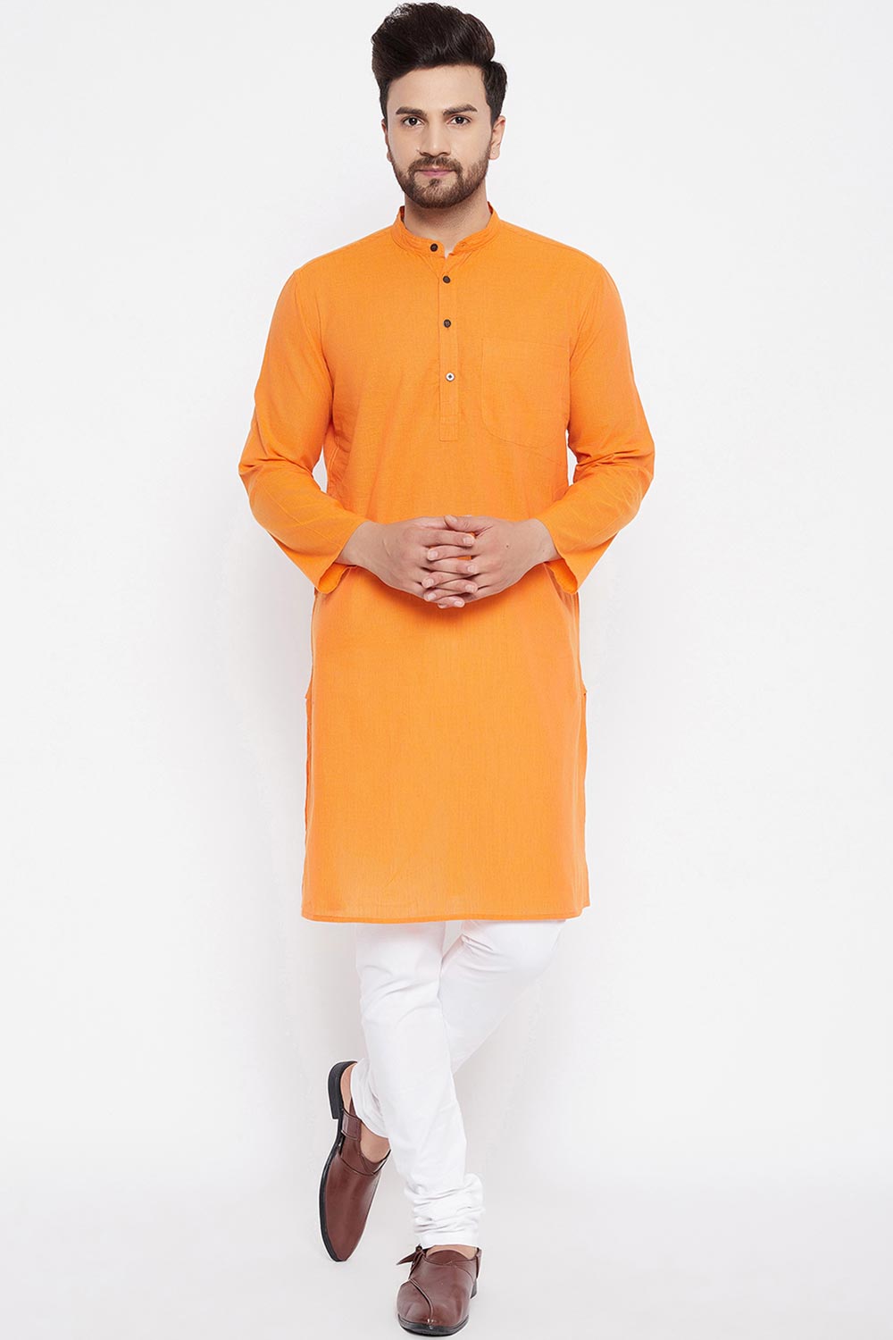 Buy Men's Blended Cotton Stripes Kurta in Orange