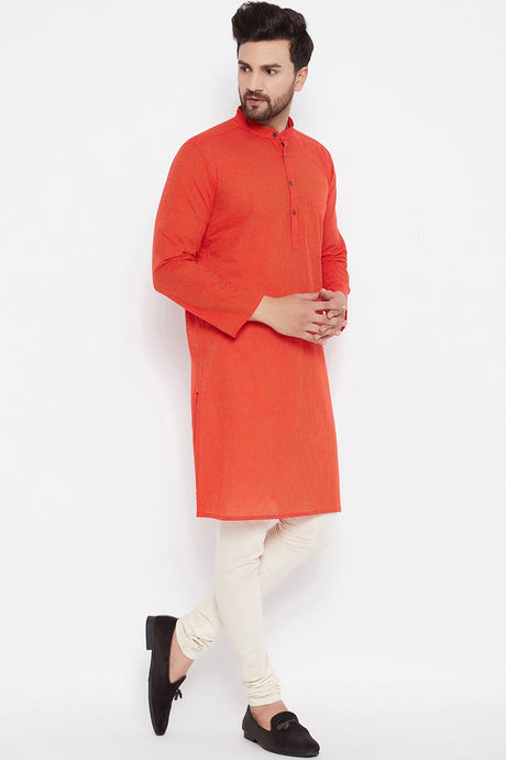 Shop Men's Blended Cotton Kurta in Orange