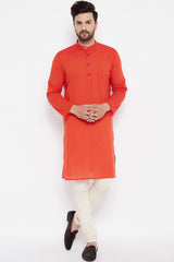 Buy Men's Blended Cotton Stripes Kurta in Orange