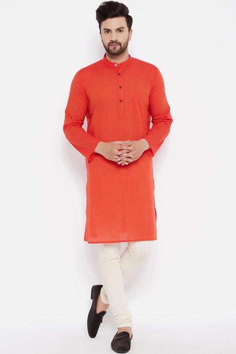 Buy Men's Blended Cotton Stripes Kurta in Orange