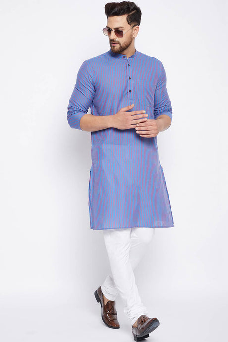 Buy Men's Cotton Stripes Kurta in Blue - Back