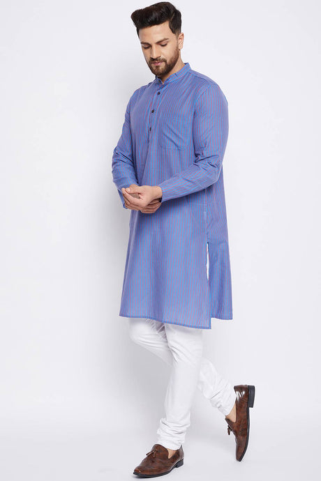 Buy Men's Cotton Stripes Kurta in Blue - Front
