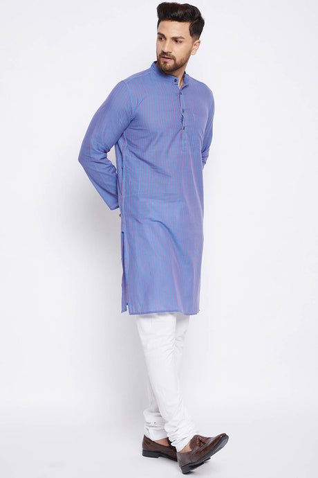 Buy Men's Cotton Stripes Kurta in Blue - Side