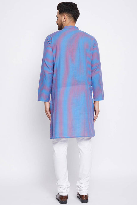 Buy Men's Cotton Stripes Kurta in Blue - Zoom in