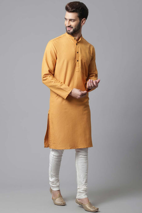 Buy Men's Yellow Cotton Solid Long Kurta Online - KARMAPLACE