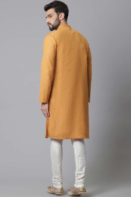 Buy Men's Yellow Cotton Solid Long Kurta Online - KARMAPLACE