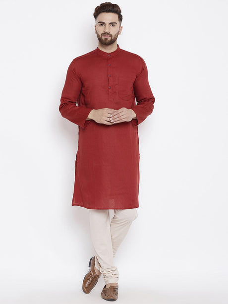 Buy Men's Blended Cotton Solid Kurta in Red
