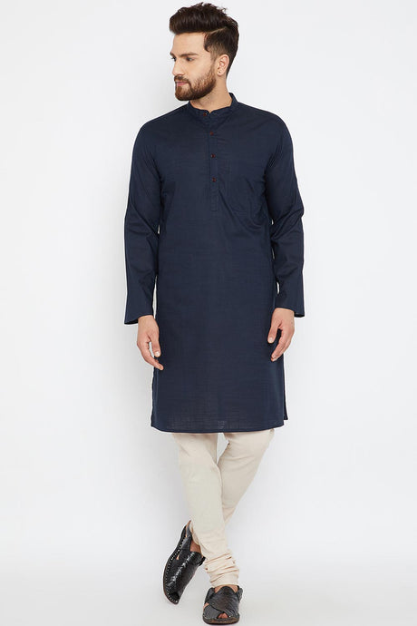 Buy Men's Cotton Solid Kurta in Navy Blue