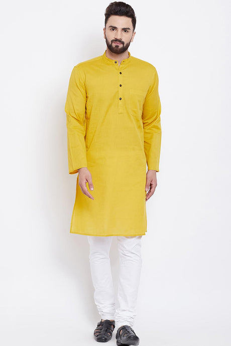 Buy Men's Cotton Solid Kurta in Yellow