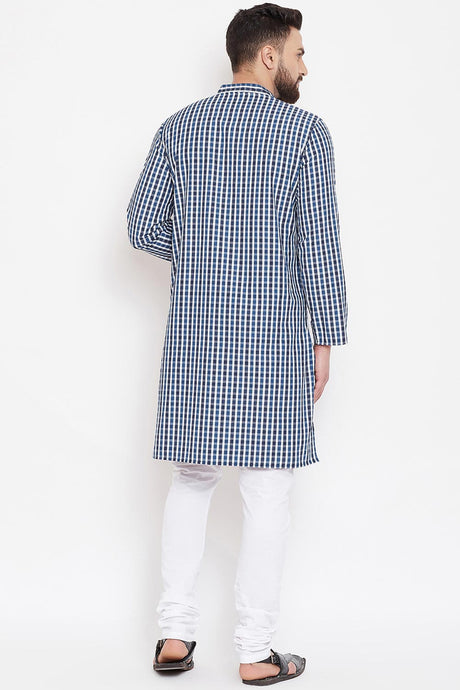 Buy Men's Blended Cotton Checks Print Kurta in Blue