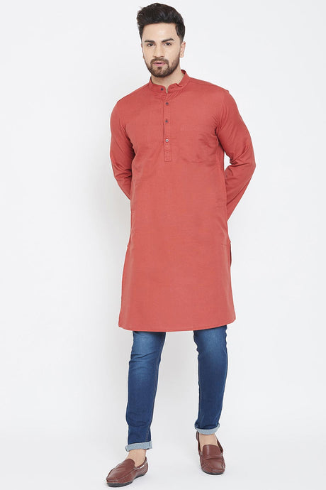 Buy Men's Cotton Solid Kurta in Peach