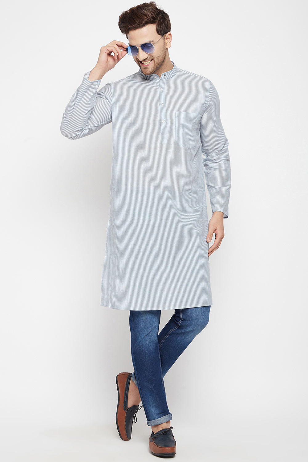 Buy Men's Pure Cotton Stripes Kurta in Grey