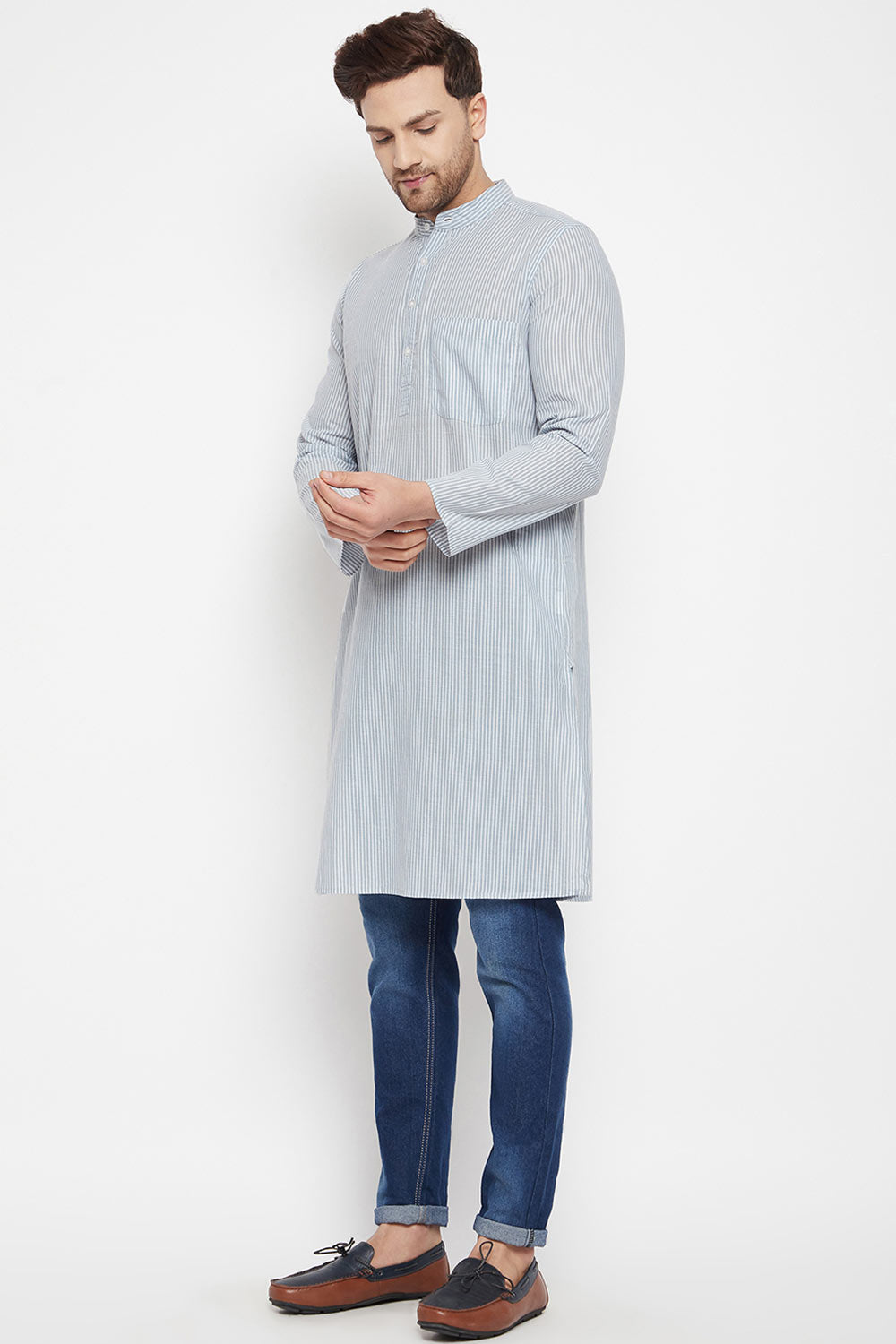 Buy Men's Pure Cotton Stripes Kurta in Grey