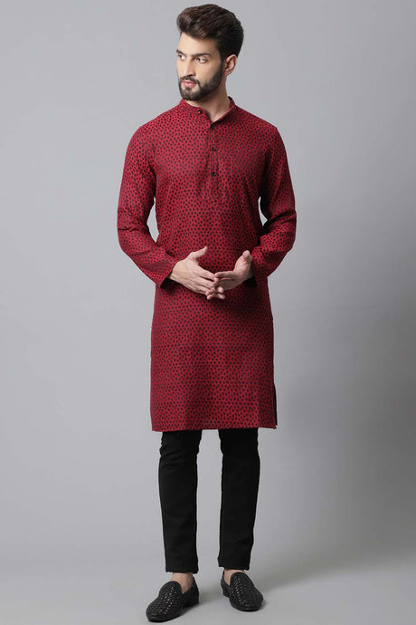 Buy Men's Maroon Cotton Block Print Long Kurta Online - KARMAPLACE