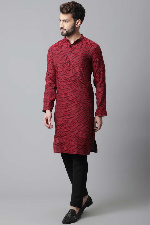 Buy Men's Maroon Cotton Block Print Long Kurta Online - KARMAPLACE