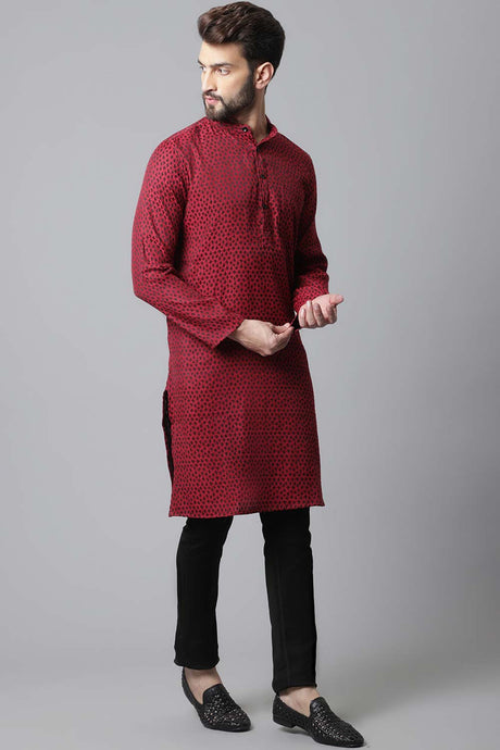 Buy Men's Maroon Cotton Block Print Long Kurta Online - KARMAPLACE