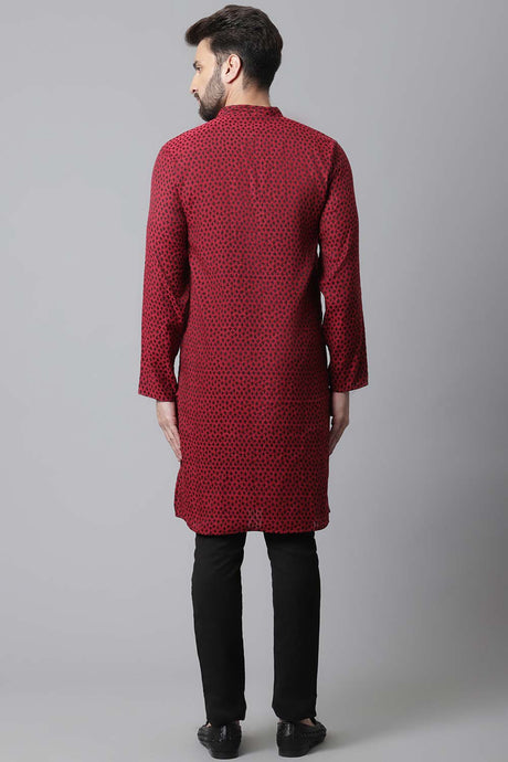 Buy Men's Maroon Cotton Block Print Long Kurta Online - KARMAPLACE