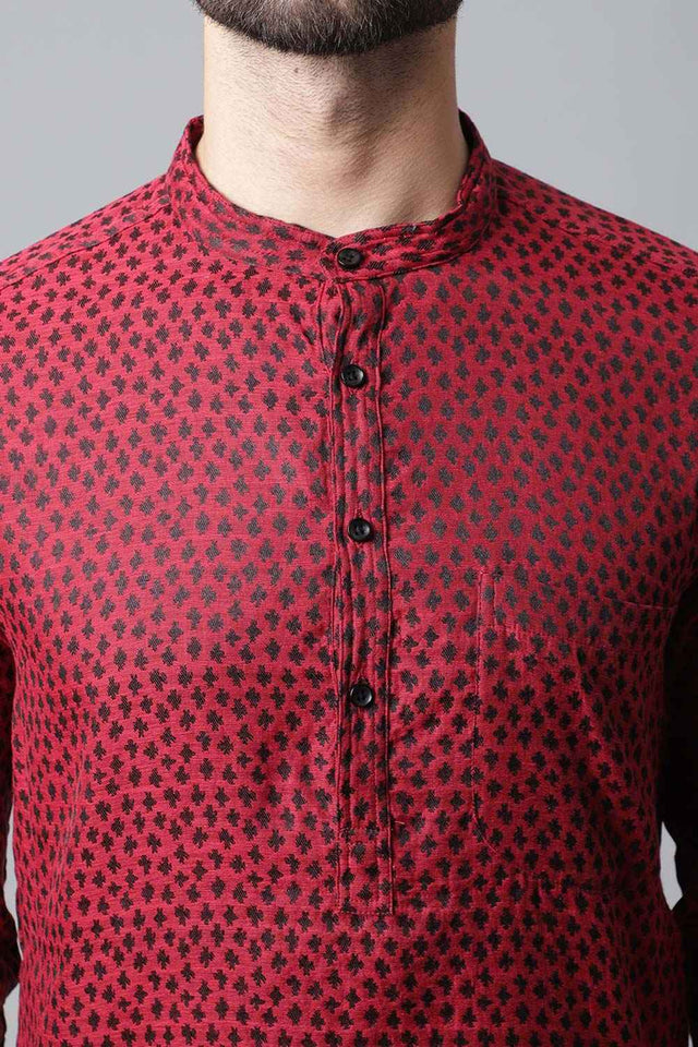 Buy Men's Maroon Cotton Block Print Long Kurta Online - KARMAPLACE