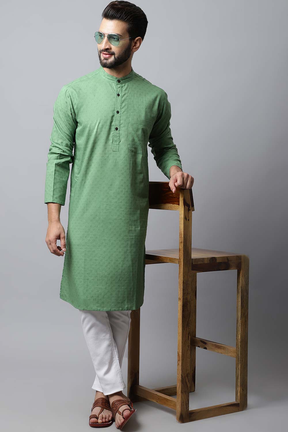Men's Light Green Self-Design Full Sleeve Kurta Top