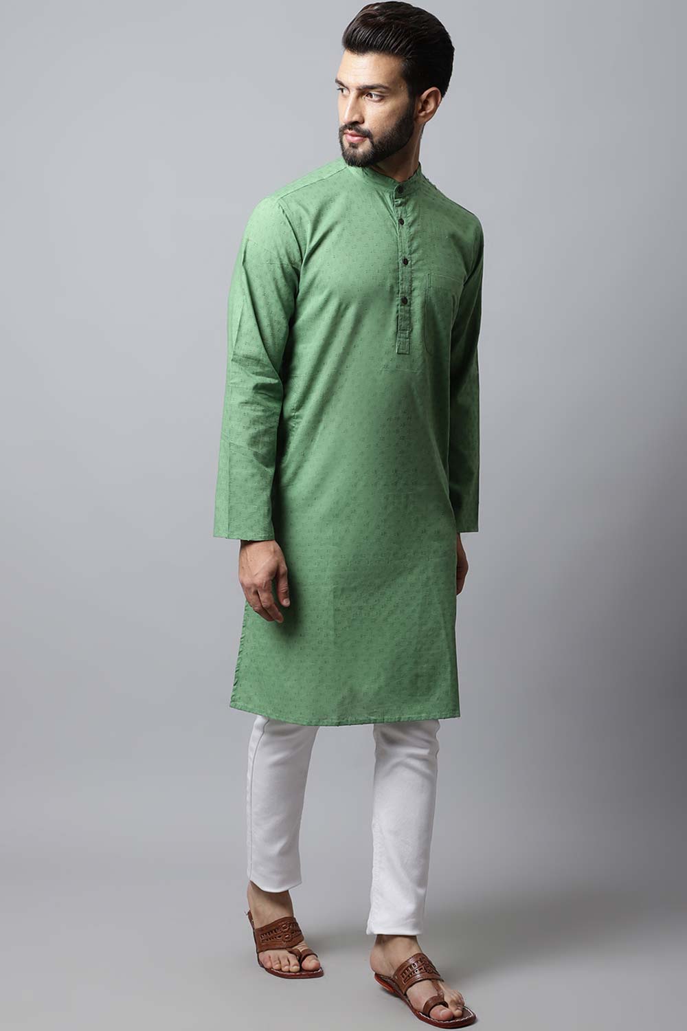 Men's Light Green Self-Design Full Sleeve Kurta Top