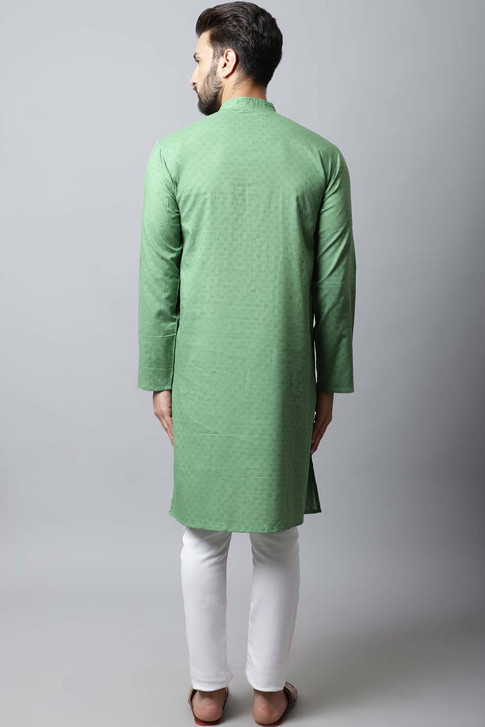 Men's Light Green Self-Design Full Sleeve Kurta Top