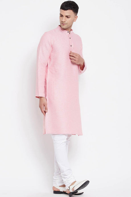 Buy Men's Pure Cotton Stripe Printed Long Kurta in Light Pink - Side