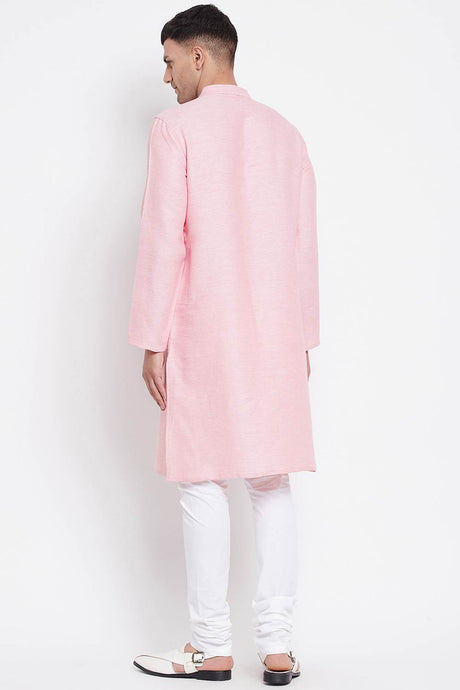 Buy Men's Pure Cotton Stripe Printed Long Kurta in Light Pink - Zoom in