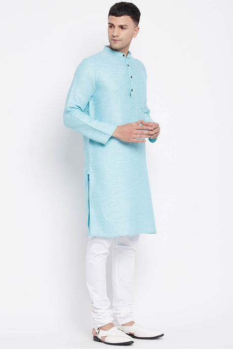 Buy Men's Rayon Stripe Printed Sherwani Kurta in Light Blue - Side