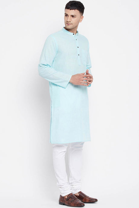 Buy Men's Pure Cotton Solid Sherwani Kurta in Light Blue - Side
