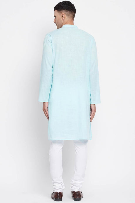 Buy Men's Pure Cotton Solid Sherwani Kurta in Light Blue - Zoom in