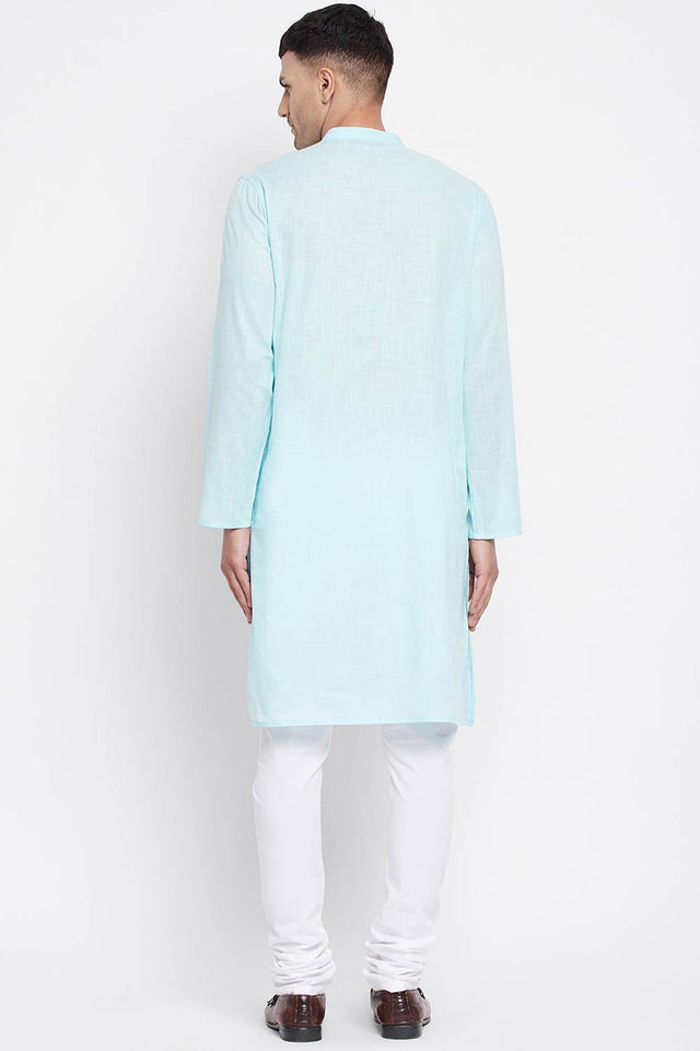 Buy Men's Pure Cotton Solid Sherwani Kurta in Light Blue - Zoom in