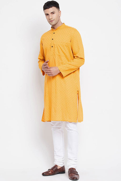 Buy Men's Pure Cotton Woven Sherwani Kurta in Light Yellow - Back
