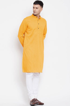 Buy Men's Pure Cotton Woven Sherwani Kurta in Light Yellow - Side