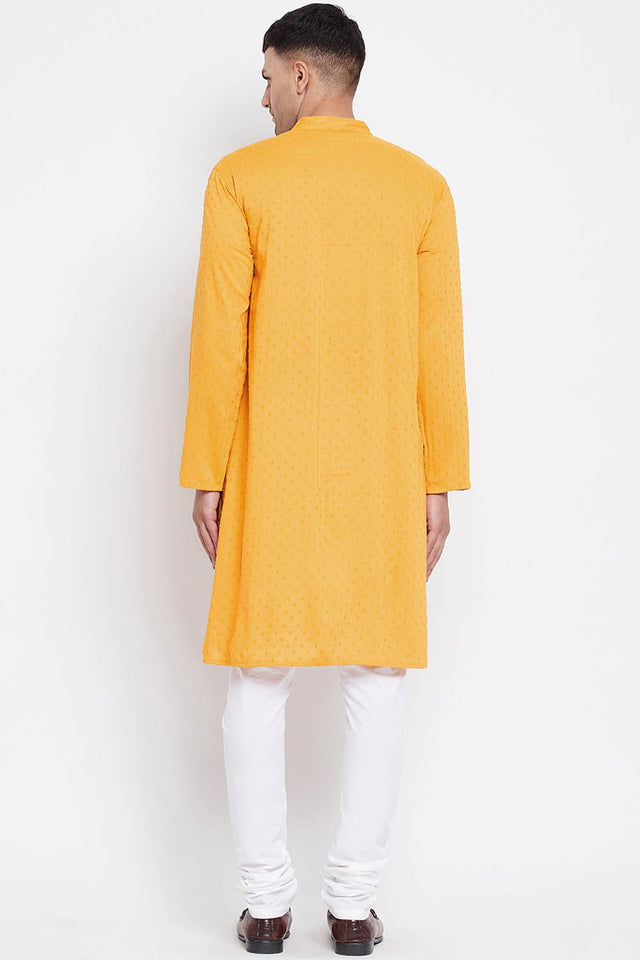 Buy Men's Pure Cotton Woven Sherwani Kurta in Light Yellow - Zoom in