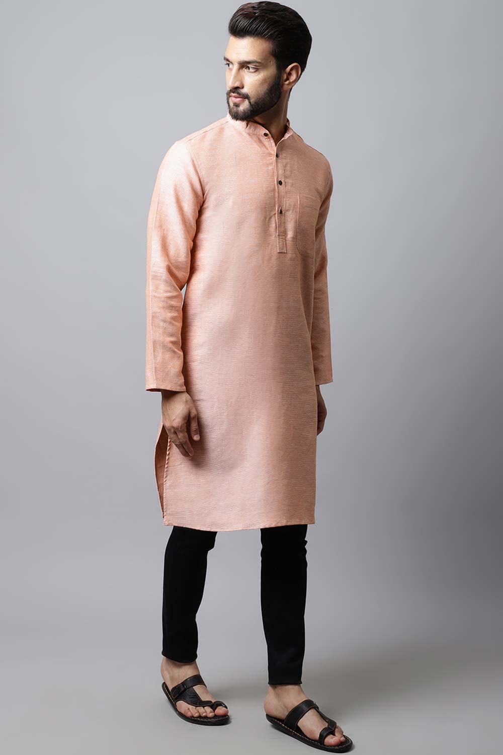 Men's Light Pink Self-Design Full Sleeve Kurta Top