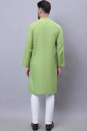 Buy Men's Green Cotton Self Design Long Kurta Top Online - Front