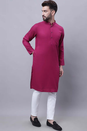 Buy Men's Wine Cotton Solid Long Kurta Top Online - Back