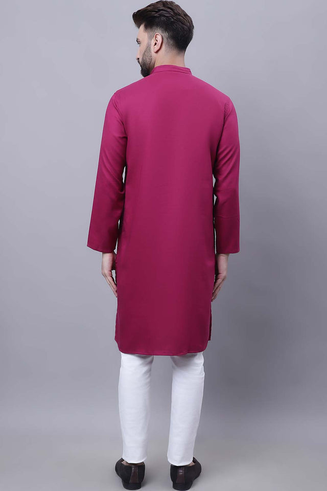 Buy Men's Wine Cotton Solid Long Kurta Top Online - Front