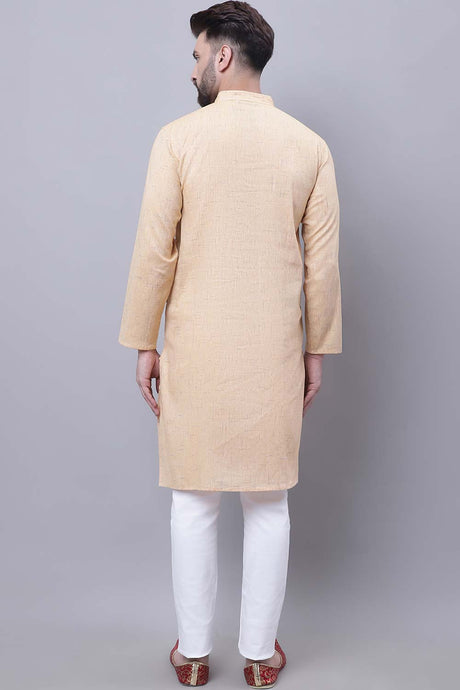 Buy Men's Yellow Cotton Printed Long Kurta Top Online - Front
